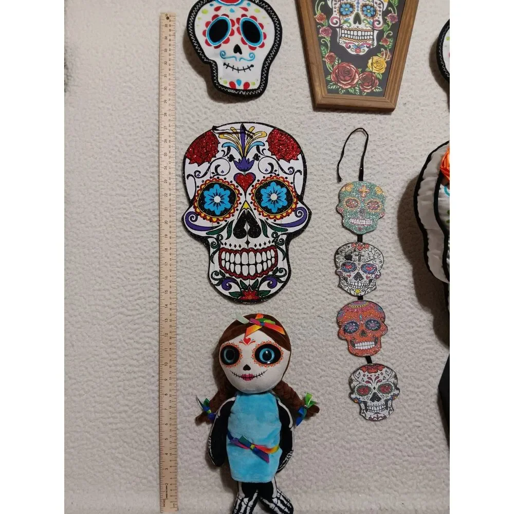 Day of the Dead Decor LOT Bundle Plushie Doll Pillow Wall Table Decor Dog Toys